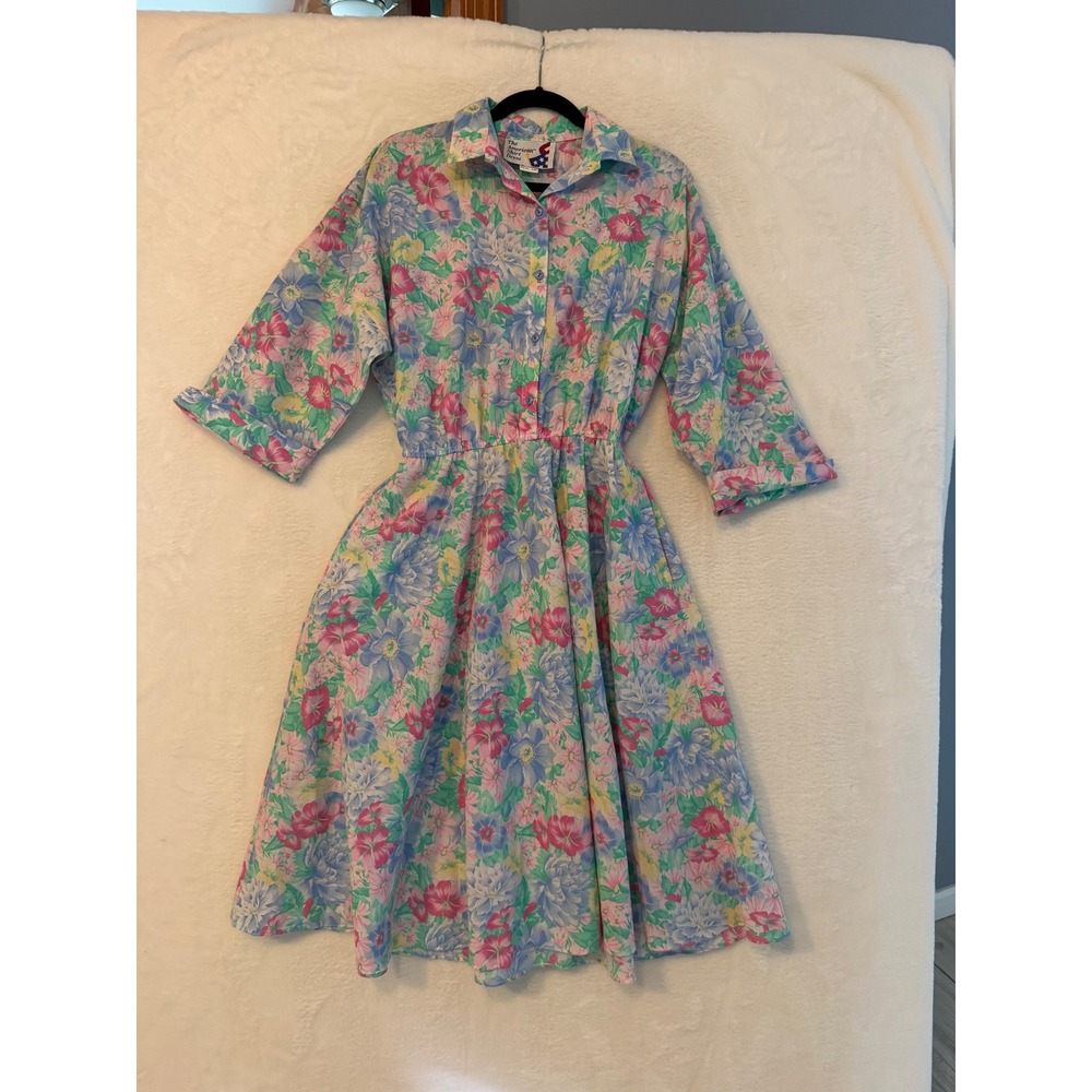 Vintage The American Shirt Dress Floral Cotton Midi Dress Pink Blue 14P USA Made